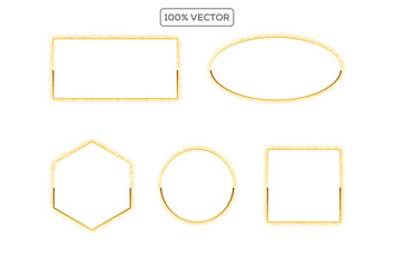 Set of golden frames design. Square, round, oval empty shape. Frame of golden stars, sparkles and glitter.