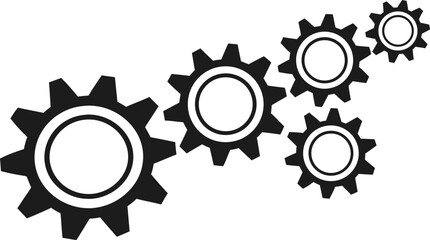 Black Silhouette Gears and Cogs in Motion on White Background mechanical industry