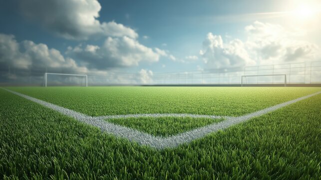 A vibrant green soccer field corner under a bright sky, with white markings and goalposts in the distance, evoking a sense of anticipation and sport - Powered by Adobe