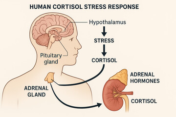 Obraz premium Human Cortisol Stress Response Illustration - Hormones, Brain, Adrenal Gland (200 characters)