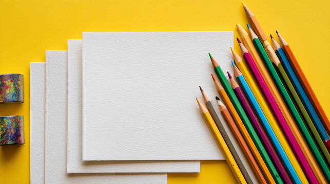 Bright and cheerful composition with stationery essentials arranged neatly on yellow, symbolizing creativity and learning.

