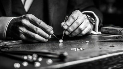 A jeweler carefully inspects a sparkling diamond at a workbench, surrounded by tools and other gemstones in a detailed, monochrome scene