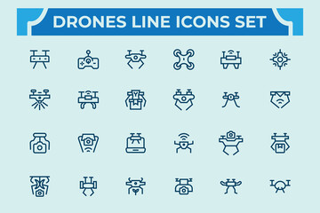Drone and technology line new icons set. technology, transportation, radar, flying, camera, drone, and more.Vector illustration.