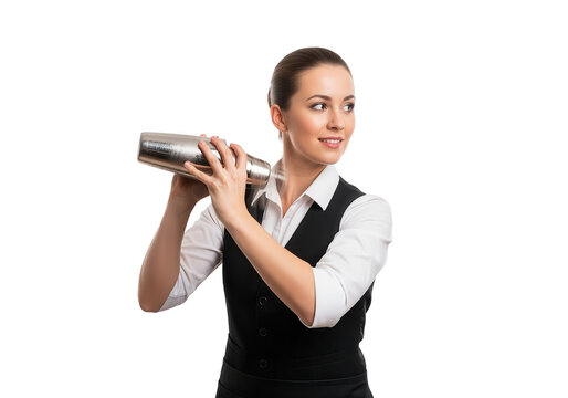 Confident Bartender Shaking Cocktail on White Background