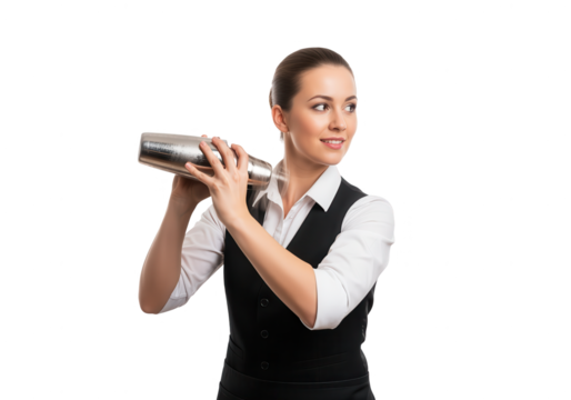 Confident Bartender Shaking Cocktail on White Background