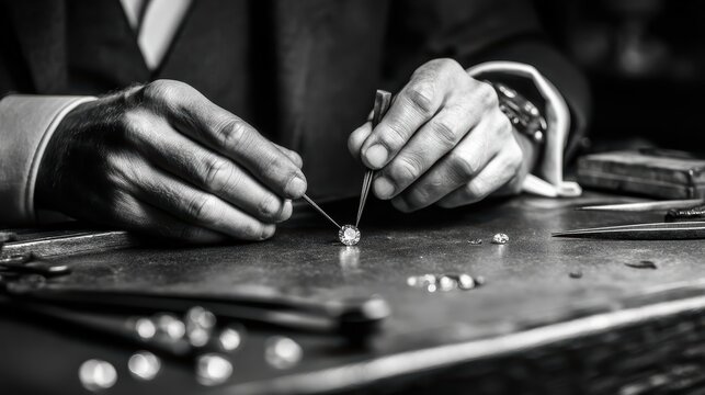 A jeweler carefully inspects a sparkling diamond at a workbench, surrounded by tools and other gemstones in a detailed, monochrome scene