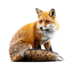 Fototapeta premium A side-profile view of a red fox sitting calmly, its fluffy tail elegantly wrapped around its paws, eyes gently or looking sideways, dense and realistic fur with subtle color gradients, isolated on 