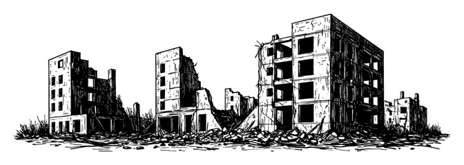 Obraz premium Empty Destroyed Modern City Ruins After War Black and White Outline Line Art Drawing Vector Illustration