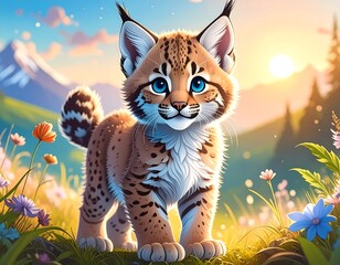 Obraz premium Cute lynx kitten in a meadow at sunrise