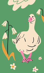 Cute cartoon duck or goose walking among spring flowers. Hand-drawn flat vector illustration. Simple and playful farm bird character on green background. Childlike and joyful style.