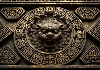 Ornate Golden Chinese Lion Sculpture Guardian Symbol of Power and Protection in Forbidden City Detailing