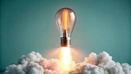Lightbulb rocket blasts off through clouds symbolizing innovation and launch