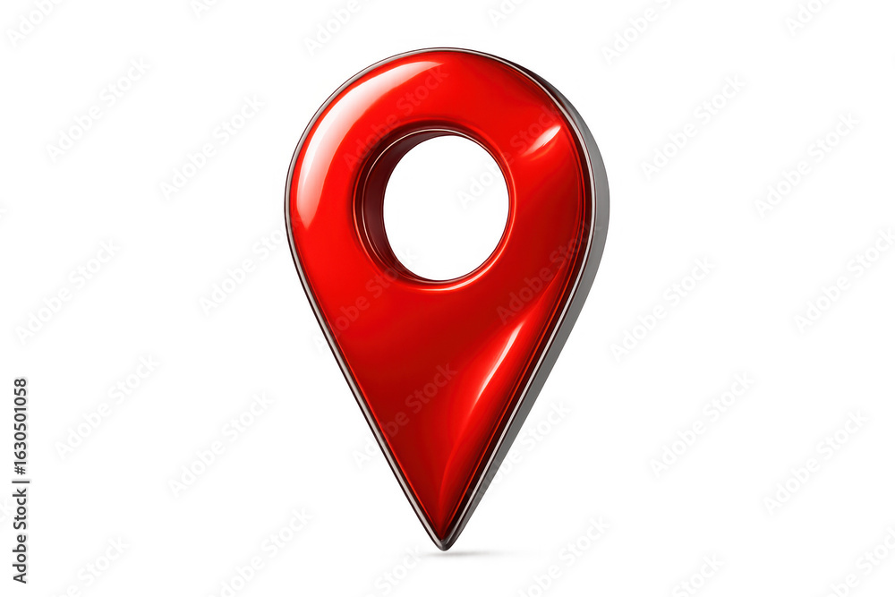 Poster glossy red map pin with metallic rim marking precise geographic position, suitable for digital navig