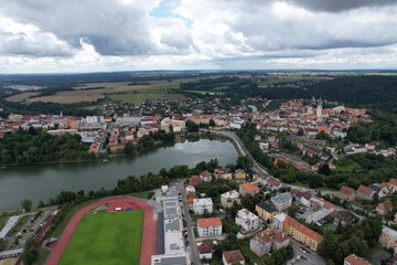 Tabor old town historical city center aerial view with medieval structures Bohemia Czech republic