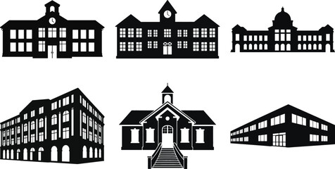 School building silhouette vector set, collection of different educational institution building shapes, black vector illustration