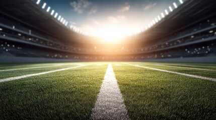 A brightly lit football stadium with a green field and white yard lines at sunset, viewed from the center