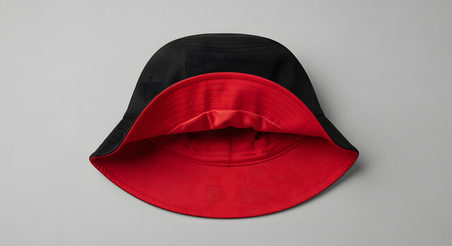 Stylish black bucket hat with a vibrant red reversible interior, isolated on a simple grey background for modern fashion concepts.