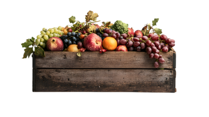 Freshly picked fall harvest bounty of colorful fruits in wooden crate organic autumn abundance rustic isolated on white background 