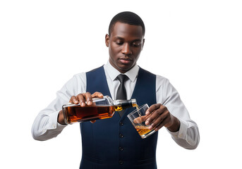 Elegant African American Man Pouring Whiskey on White