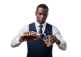 Elegant African American Man Pouring Whiskey on White