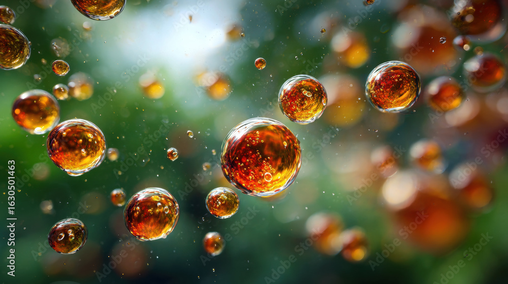 Poster orange bubbles in air with soft bokeh light, macro abstract composition, tranquil scene