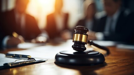 A judge&rsquo;s gavel rests on a desk in a courtroom, with blurred legal professionals in the background and sunlight streaming in