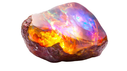 Vibrant raw opal displays fiery orange, pink, and blue iridescence with rough textured edges isolated on white background 