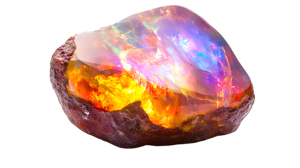 Vibrant raw opal displays fiery orange, pink, and blue iridescence with rough textured edges isolated on white background 