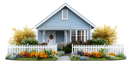 Charming blue cottage with white picket fence and vibrant flower garden welcomes you home isolated on white background 
