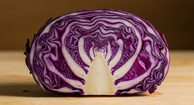 Close-up of a fresh red cabbage cut in half, showcasing the intricate vibrant purple and white layered patterns.
