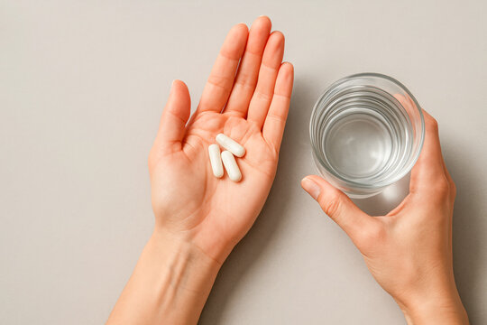 High resolution, ultra realistic photo of a woman’s hands holding three white capsules and a clear glass of water on a beige background. Clean, minimalistic layout ideal for supplement, vitamin ads