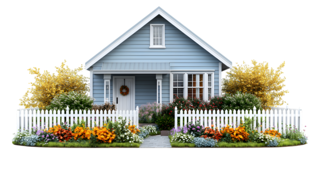 Charming blue cottage with white picket fence and vibrant flower garden welcomes you home isolated on white background 