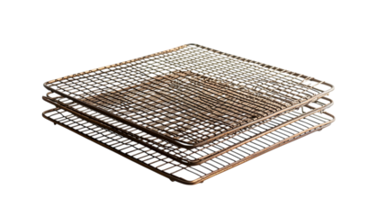 Stack of three wire cooling racks ready for bakery baking and food preparation tasks isolated on white background 