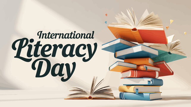 International literacy day celebration with a stack of colorful books