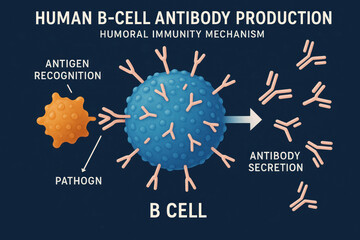 Human B-Cell Antibody Production: Humoral Immunity Mechanism, Illustration