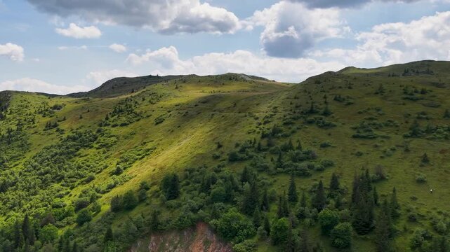 Cinematic flyover of Jahorina mountain&rsquo;s grassy hills and scattered trees, moving smoothly above the Bosnian highlands