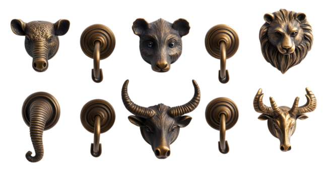 Stunning antique bronze animal head hooks add rustic charm and practical elegance to any decor isolated on white background 