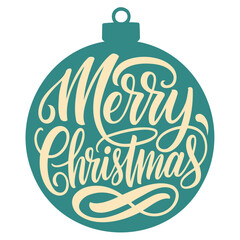 A teal christmas ornament with a beige merry christmas message in a decorative cursive font design style