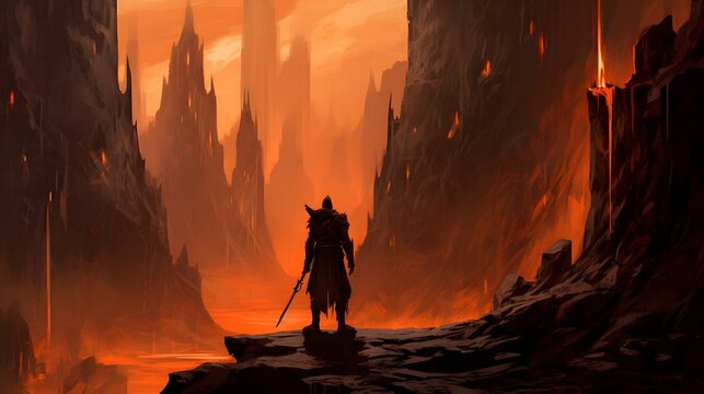 Fantasy warrior in hell landscape concept art for video game background use