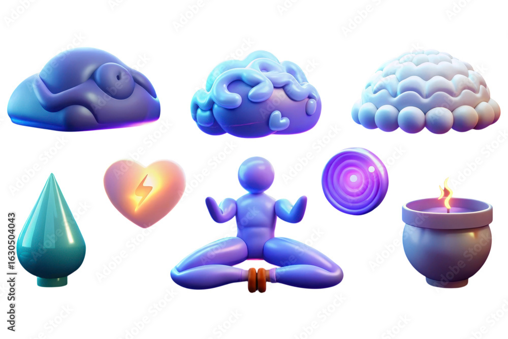 Poster collection of abstract 3d rendered objects isolated on transparent background