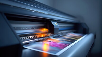A large format printer produces a vibrant, colorful print in a modern, well-lit workspace, showcasing advanced printing technology and high-quality output