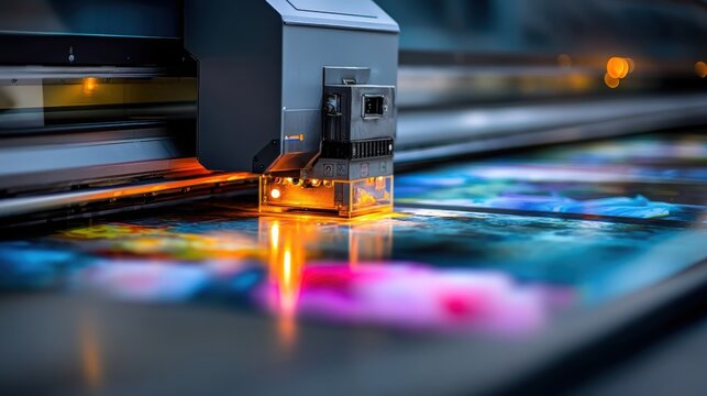 A high-tech digital printer creates vibrant, colorful images on a large surface in a modern print shop environment