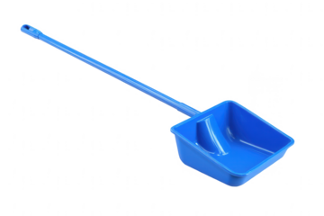 A blue plastic pool cleaning tool with an open bottom and a long handle, png, transparent