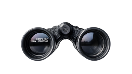 Discover future possibilities with vintage binoculars reflecting 'Explore New Horizons' on black background isolated on white background 