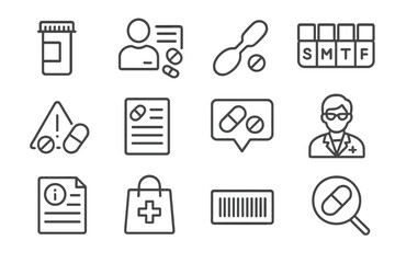 Medicinal icons: prescription, doctor, pharmacy, pills, treatment, alert signs