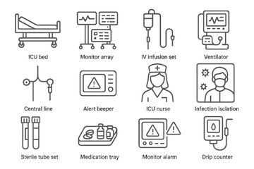 Fototapeta premium Medical equipment icons for icu care and hospital isolation procedures