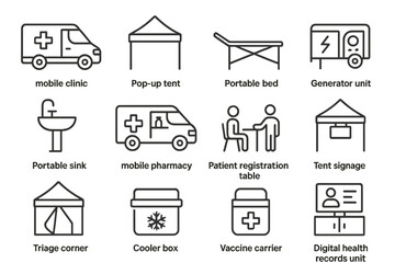 Fototapeta premium Medical equipment icons: mobile clinic, triage, registration table, tent signage