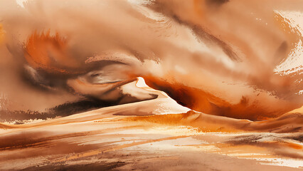 Abstract swirls of warm earth tones evoke a dreamy landscape watercolor background