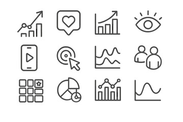 Black metallic business icons: graphs, charts, communication, analytics, people