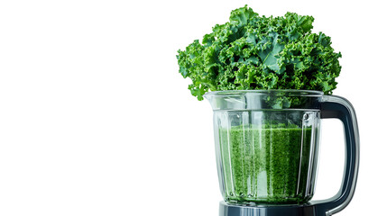 Fresh kale smoothie blended in a powerful kitchen appliance ready for healthy consumption isolated on white background